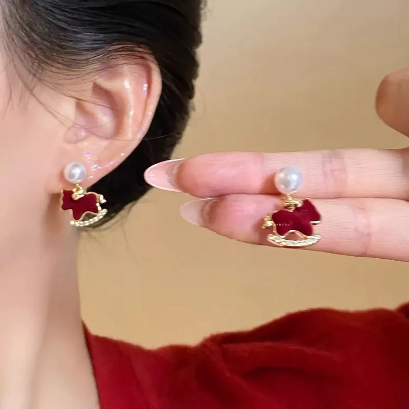 Flocked Red Earrings 2026 Horse Year Birthstone Advanced Stud Earrings  for Women autumn and winter jewelry New Year