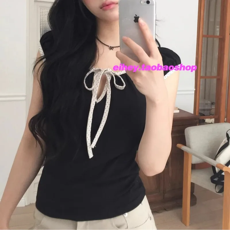 

Женская плиссированная повседневная футболка с короткими рукавами и круглым вырезом в горошек, новинка лета 2021, корейские лоскутные топы контрастного цвета