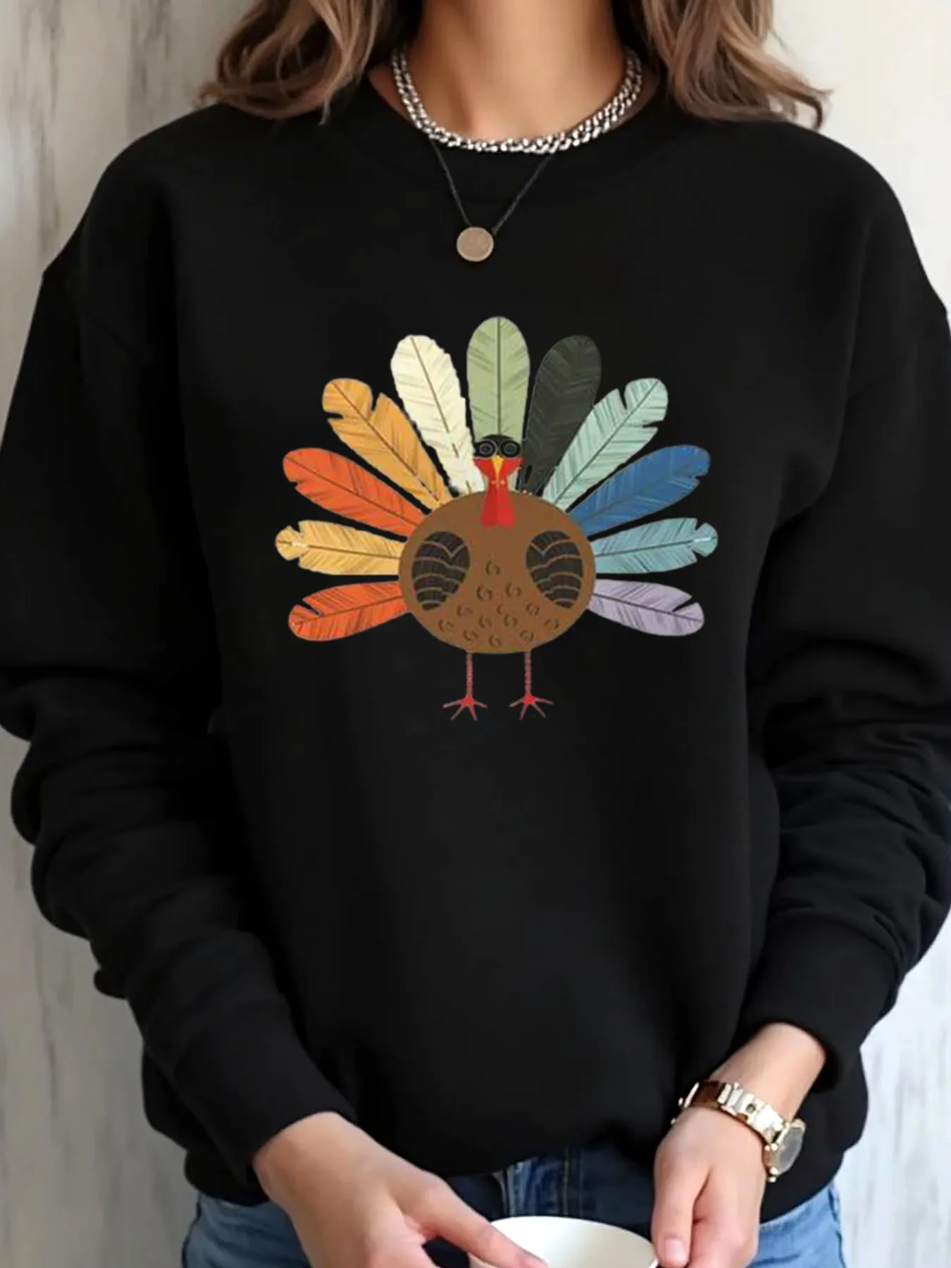 เสื้อสเวตเชิ้ตคอกลมสำหรับผู้หญิงไซส์ใหญ่ พิมพ์ลายไก่งวงวันขอบคุณพระเจ้า แขนยาว คอกลม สำหรับผู้หญิง สวมใส่สบายๆ ในช่วงฤดูใบไม้ร่วงและวันหยุด