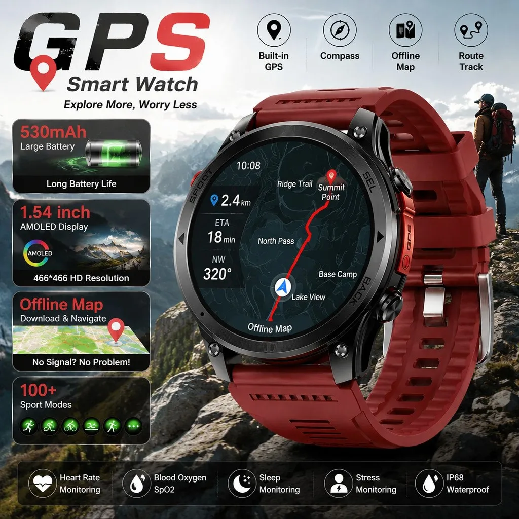Montre connectée LIGE avec suivi GPS, surveillance de la santé 24h/24 et 7j/7, suivi des sports de plein air, carte hors ligne, boussole, étanche