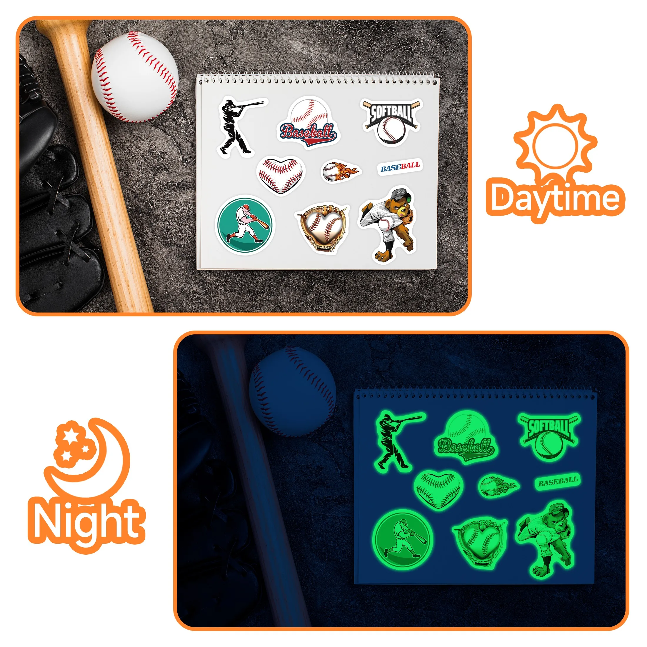 Glow in The Dark Baseball Stickers 72pcs Sport Style Luminous Self-adhesive Water Bottle Waterproof Stickers Decoration