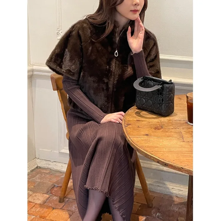 

High-End Faion ort-Sve Fur Jaet Zipper Cardigan Korean Sle Outerwear Chic Mink Fur Soft Medium-Length for Women