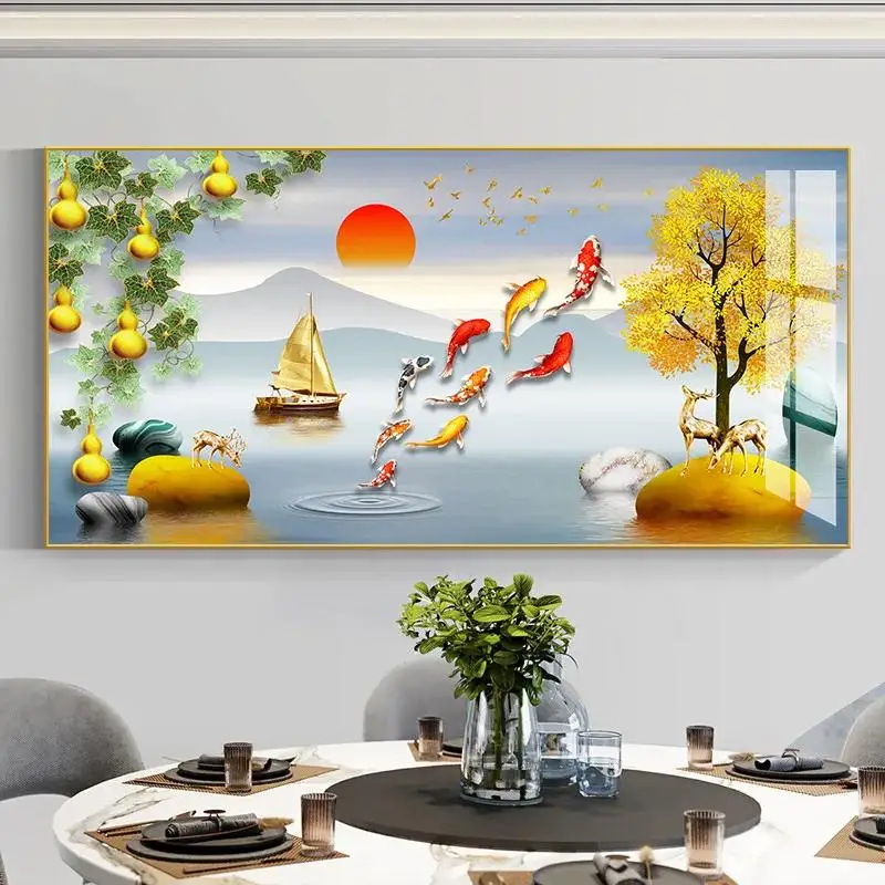 Elegantes Chinesisches Luxus-Koi-Leinwandgemälde mit Goldenem Hirsch und Reichtumsbaum Glücksbringer-Fisch-Drucke für Wohnzimmer und Flur Dekoration