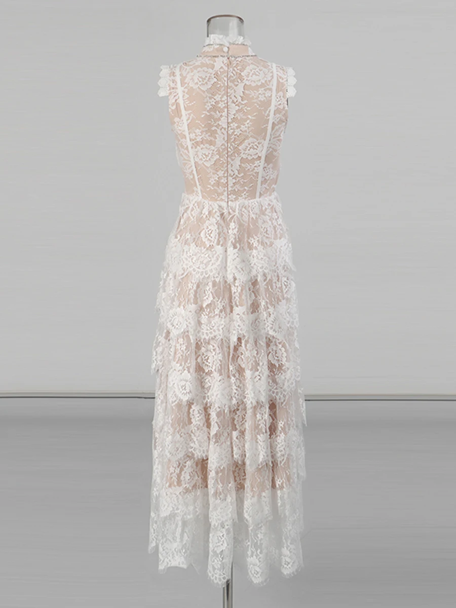 CHICEVER 솔리드 스플 라이스 스태킹 레이스 스위트 드레스 여성 터틀넥 민소매 우아한 여성 드레스 여름 스타일 패션 새로운