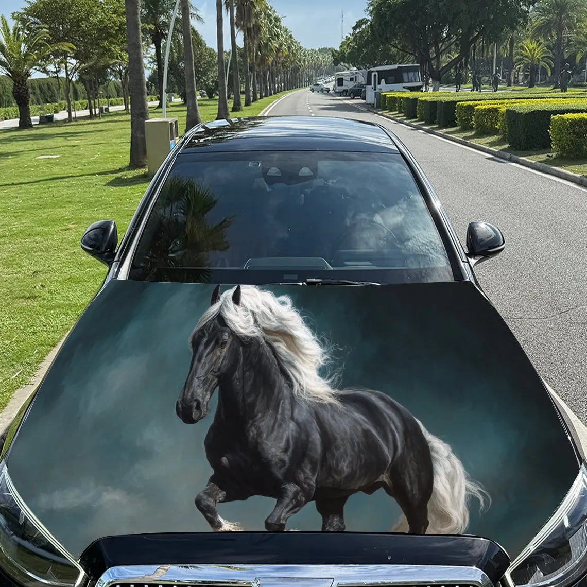 

Cool Running Black Horse PVC Car Hood Wraps, Self-Adhesive Waterproof Car Bonnet Decal Sticker, Car Decoration Protection Sticke