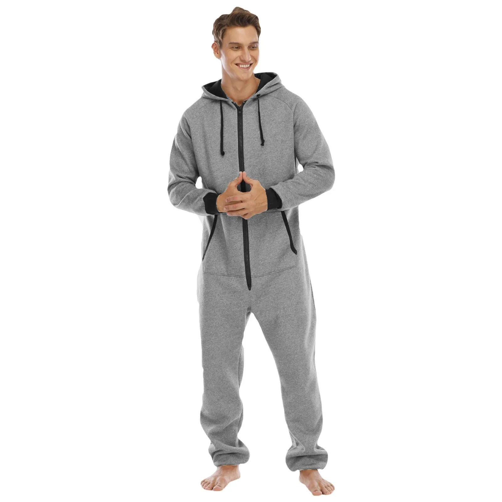 Men Warm Coral Fleece Onesie Fluffy Sleepwear Lounge Homewear One Piece Pyjamas Male Jumpsuits Hooded Onesies For Men