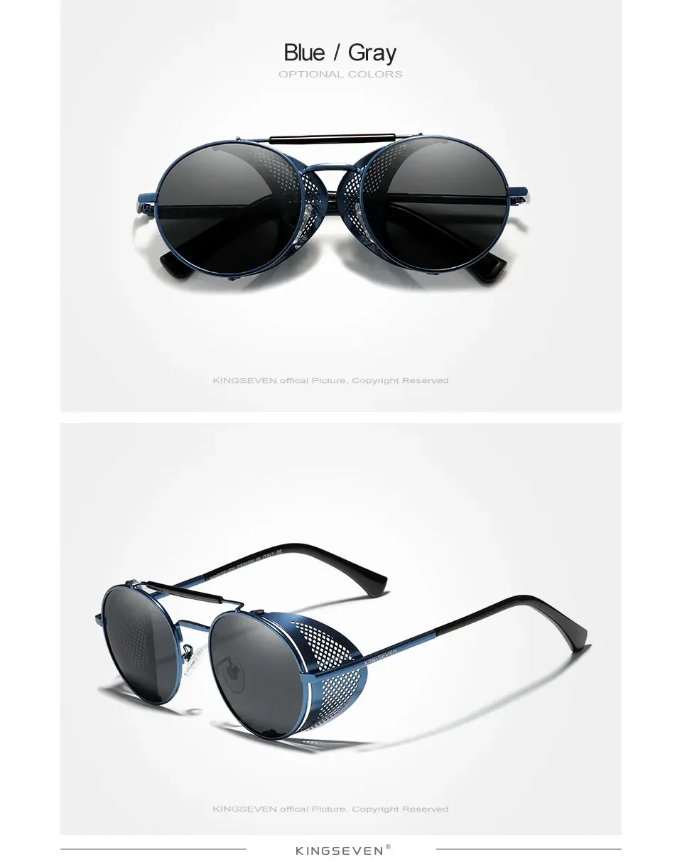 KINGSEVEN Mode Steampunk Vintage Sonnenbrille Männer Runde Linse Polarisierte Augenschutz Gläser Fahren männer Brillen – Detail 6