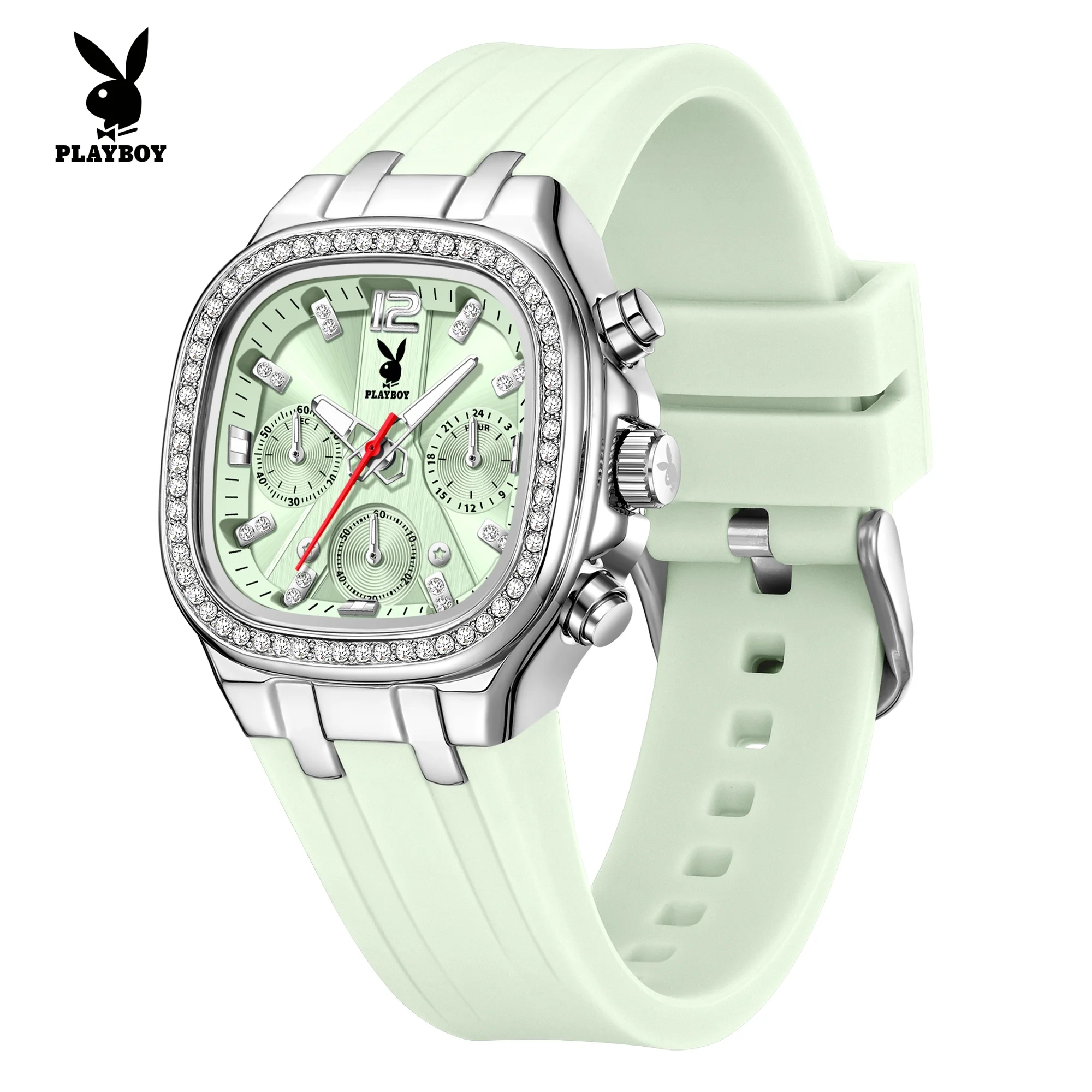 PLAYBOY 3076 Quartz Watch Women Chronograph 24-hour Display Round Dial Silicone Strap HD Luminous Function 30m Waterproof Watch