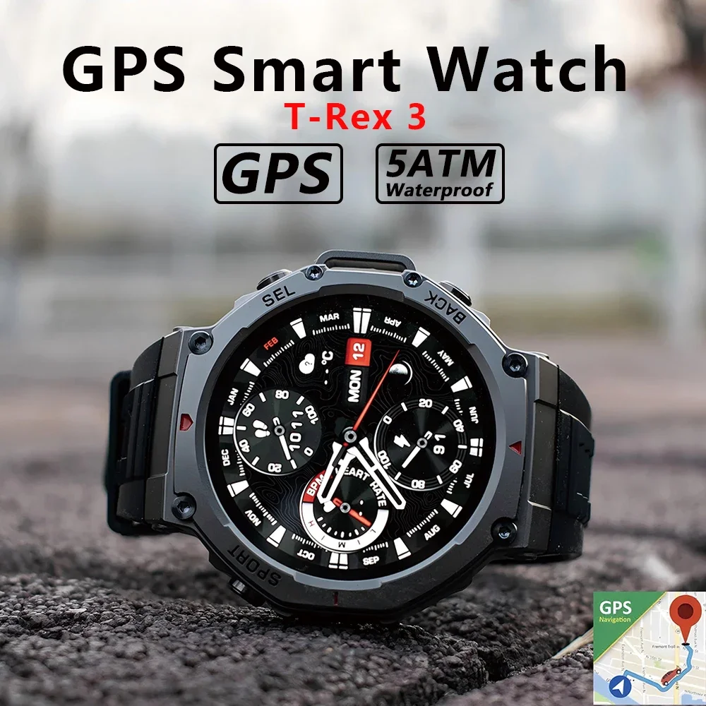 

2025 New T-Rex 3 Smart Watch Man Built-in GPS Compass Barometric Altimeter Bluetooth Call 5ATM Waterproof Sport Smartwatch Men