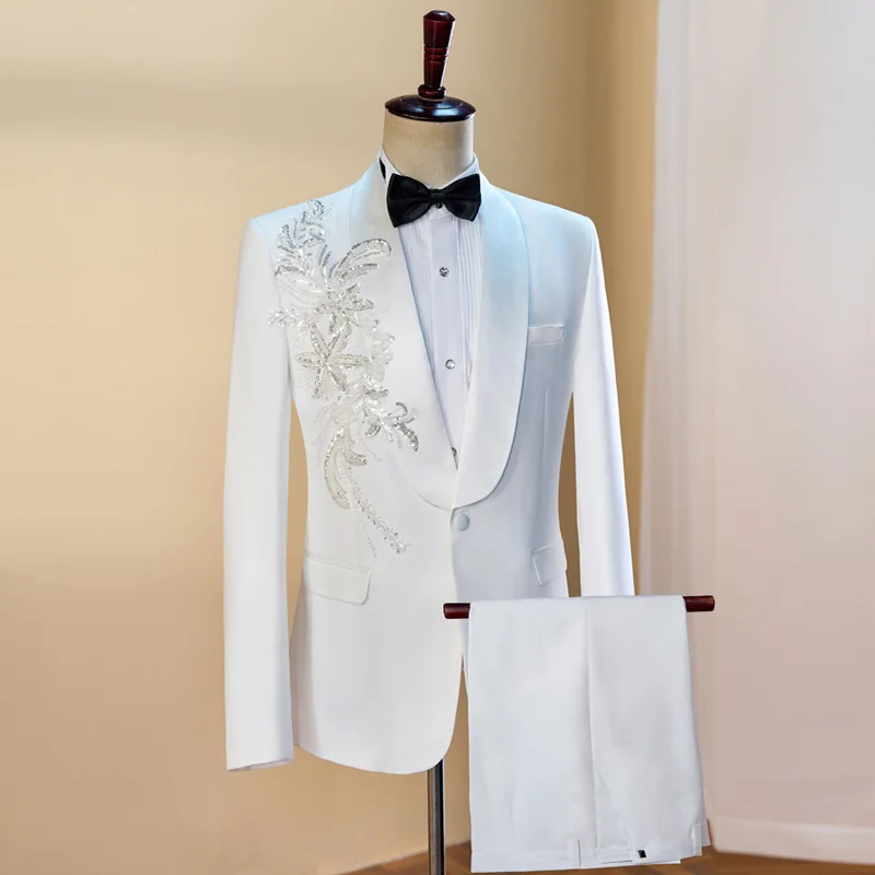 

New Men Wedding Suit Embroidery Blazer Pants Set Male Host Singer Chorus Stage Performance Suit Groom Banquet 2 Pieces Outfit