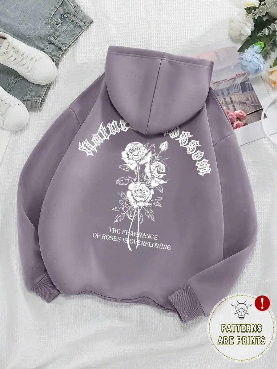 

Lavender Floral & Script Print Hooded Sweatshirt for Women, Loose Fit Fall Casual Pullover