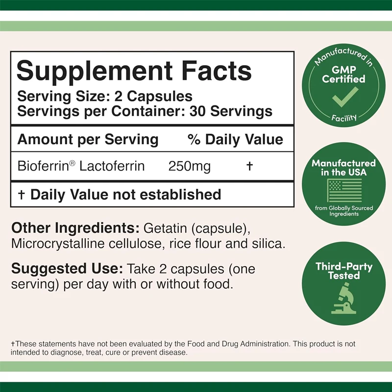 Lactoferrin 250mg Per Serving ( Capsules) Patented Biological Ferritin Lactoferrin - High-quality Iron Supplement