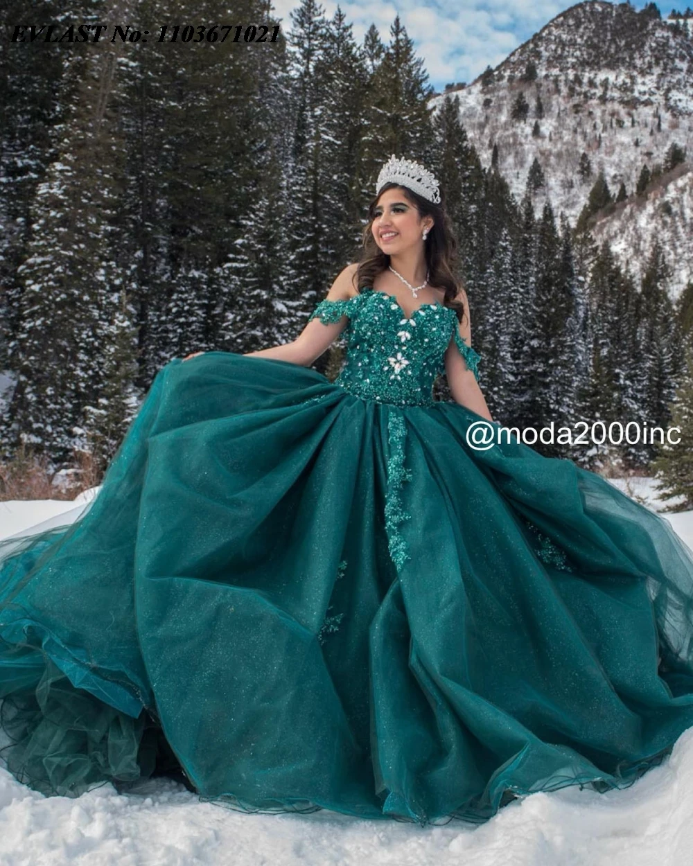 فستان Quinnceanera مخصص باللون الأخضر الزمردي من EVLAST فستان حفلة مزين بالدانتيل اللامع مطرز بالخرز الحلو 16 فيستدوس دي 15 أنوس SQ603