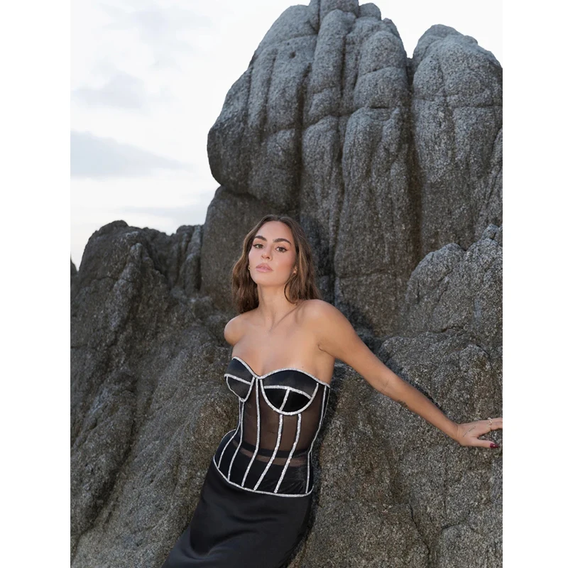 Women Sexy Hot Diamond Drill Mesh Patchwork One Corset Winter Autumn Sexy Night Party Ins Dresses bar ds nightclub