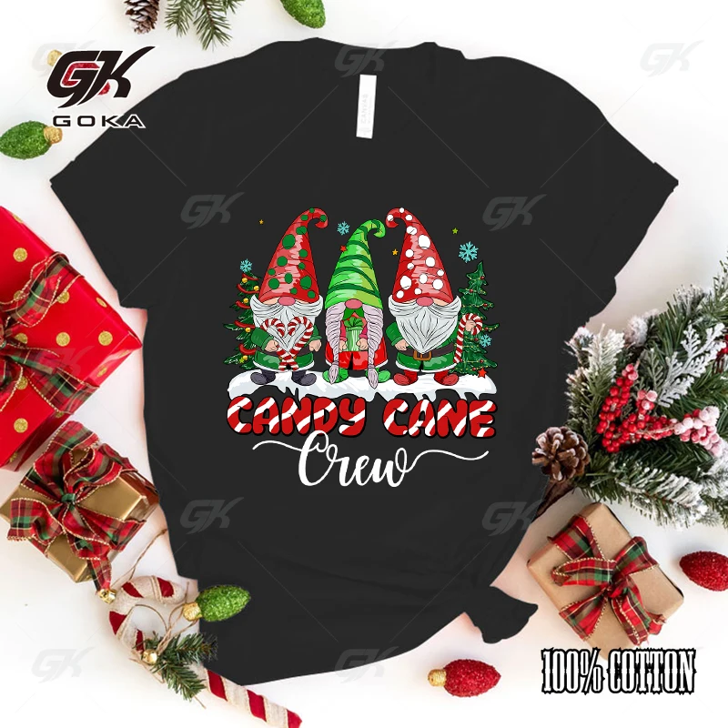 Christmas Gnome Candy Cane Crew Printed T-Shirts Women Girl Unisex Casual Loose Round Neck Creative Personalized top