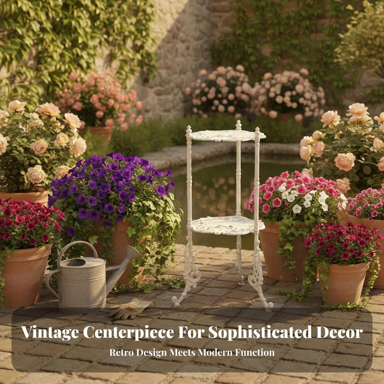Vintage White Cast Iron Flower Rack 2-Tier Rust Resistant Plant Stand for Balcony Living Room Corner Decor