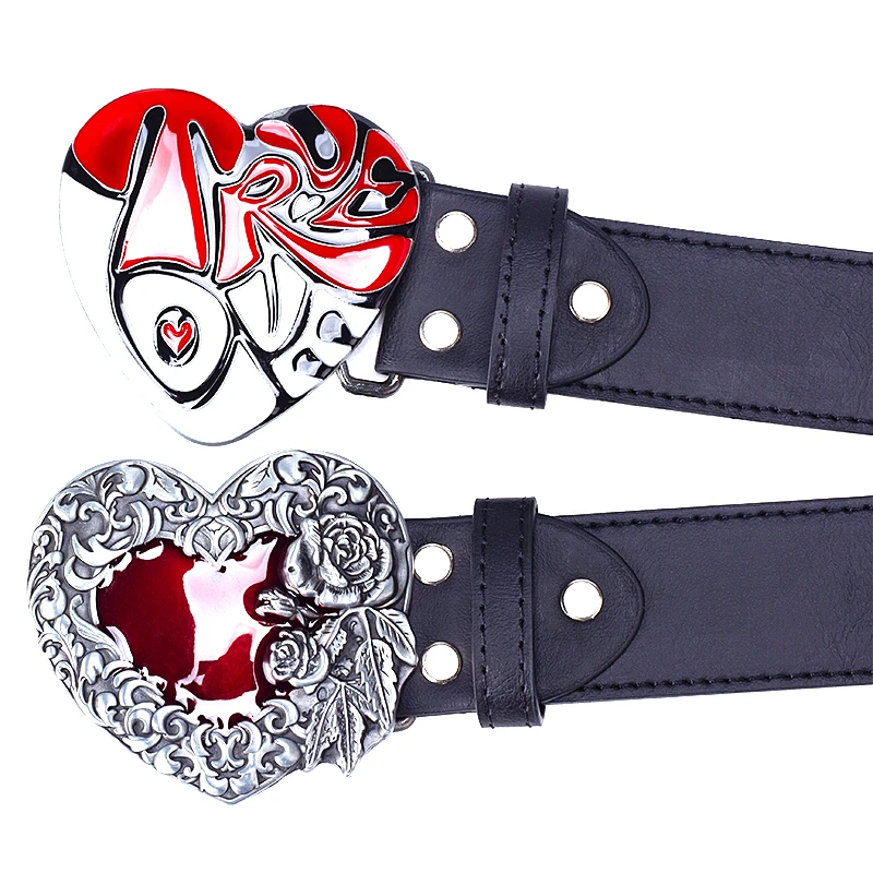 True LOVE Belt Heart Shaped Flower Pattern Buckle Lover Gift Beautiful Waistband For Women Men