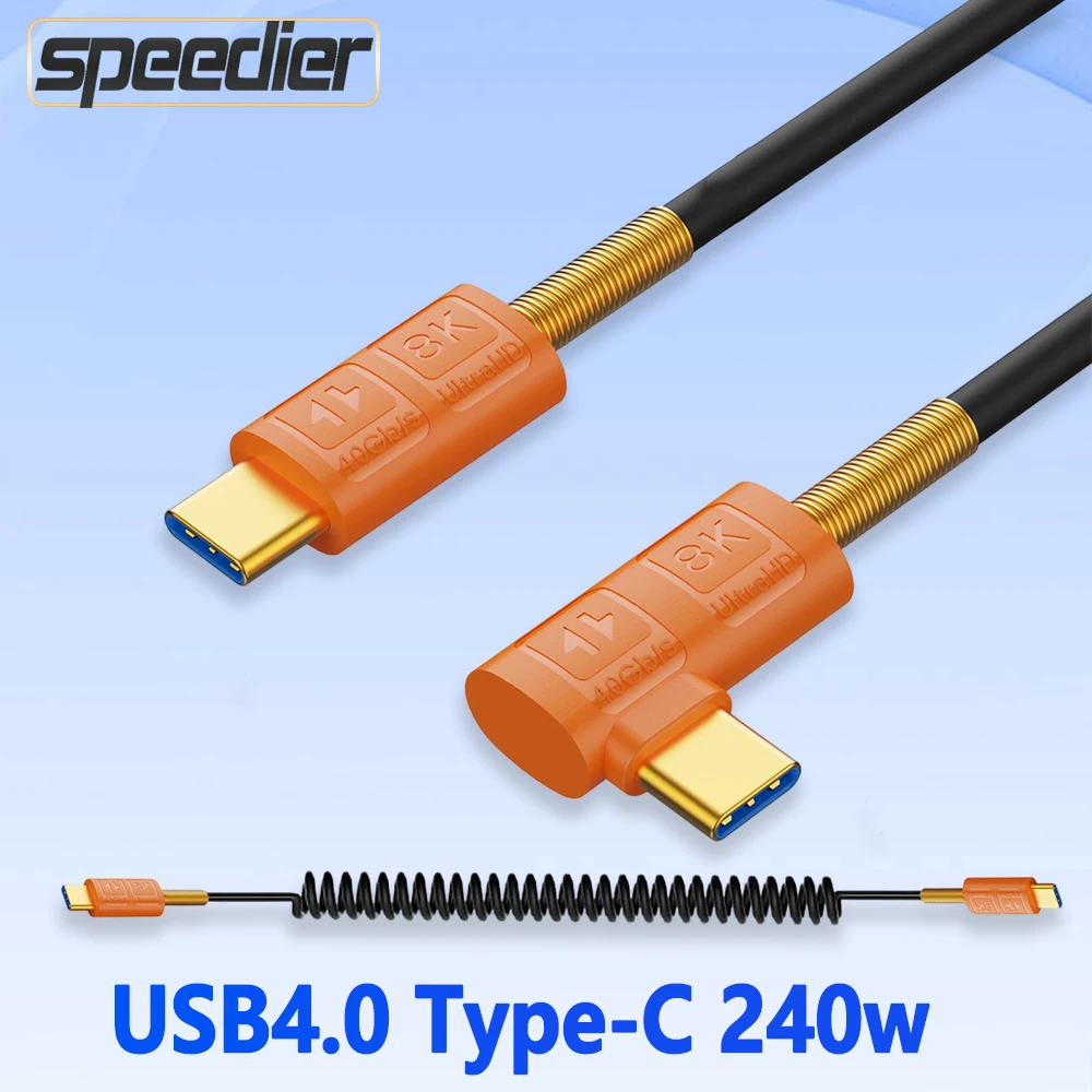 

Пружинный удлинительный кабель USB 4 типа C для передачи данных, 90 градусов, 40 Гбит/с, 240 Вт, быстрая зарядка, посеребренный для монитора и ноутбука Thunderbolt 3