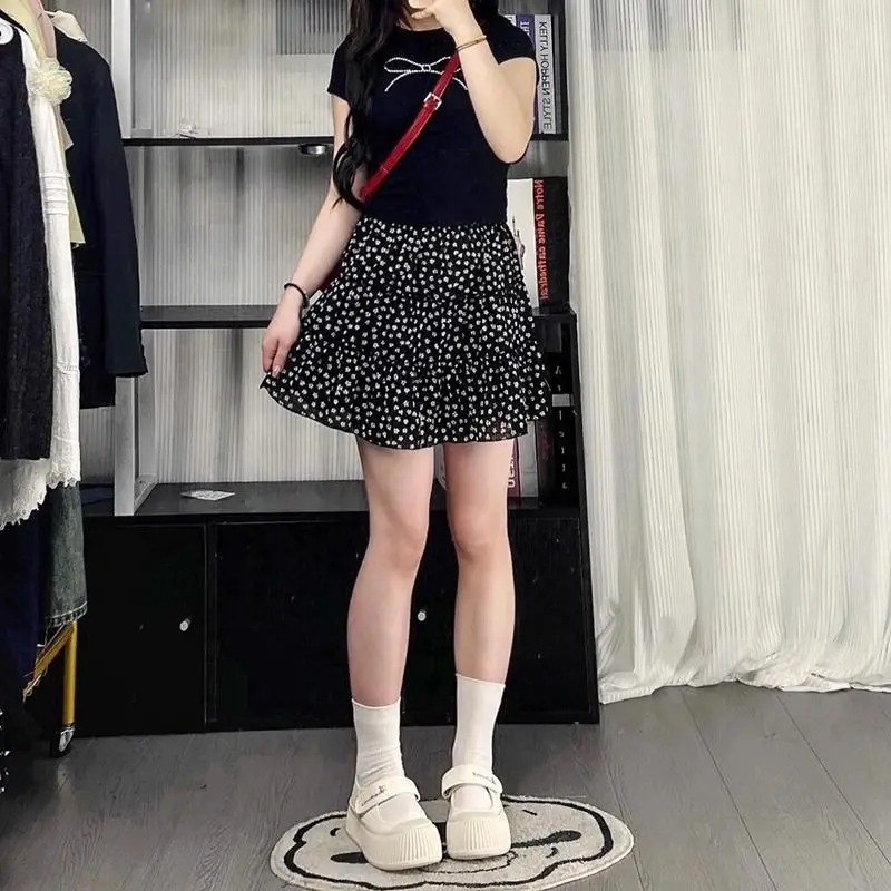 

Весенне-летняя универсальная черная короткая юбка с цветочным принтом для женщин, летняя тонкая юбка-тортик, модный тренд, Vestido