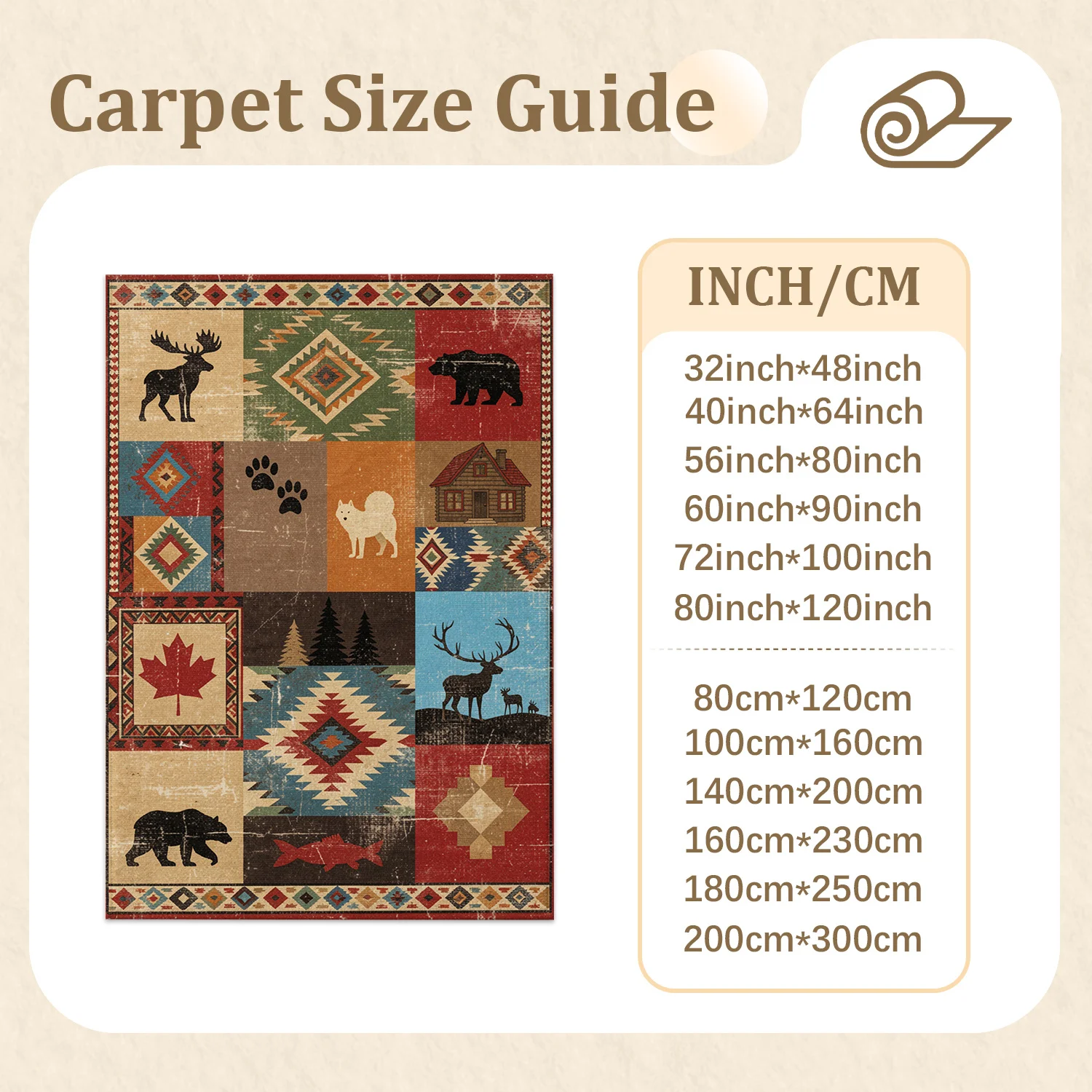 Rustic Wildlife Patchwork Area Rug with Bear Moose Maple Leaf Tribal Geometric Prints, Velvet, Machine Washable, Suitable for Living Room, Bedroom, Entryway, Cabin, Ideal for Halloween, Thanksgiving, Christmas, New Year, Black Friday, Cyber Monday