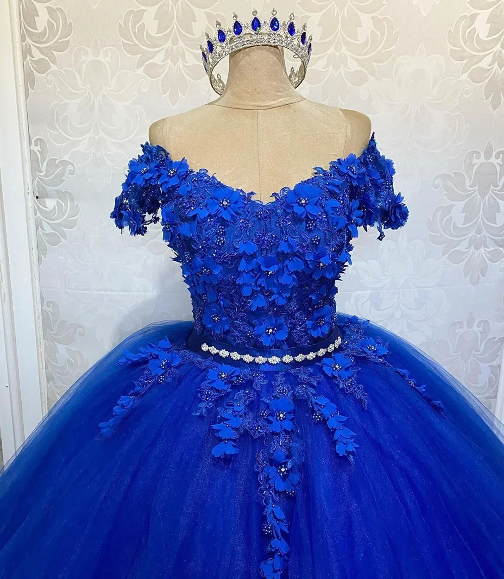 Royal Blue Ball Gowns Quinceanera Dresses 3D Handmade Appliques Flower Lace Princess Cinderella Birthday Vestidos De 15 Anos NEW