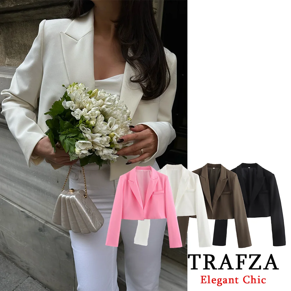 TRAFZA Casual Solid Women Short Blazer Fashion 2024 primavera estate Office Lady Cropped Elegent Blazer giacca Vintage Short Tops