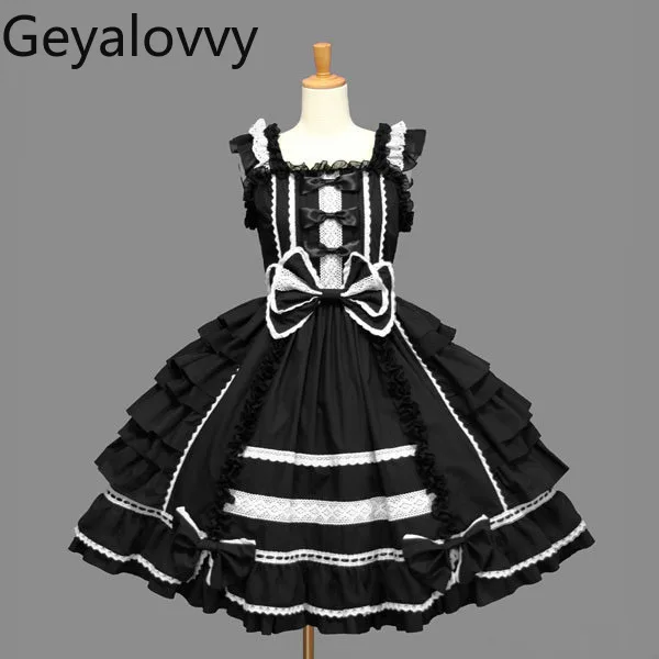 Lolita Gothic Retro Chiffon Lace Bow High Waist Mid-length Dress Japanese Sweet Cute Girl COS Ball Party Sleeveless Dress