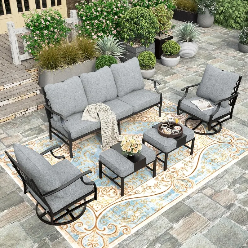 5 Piece Patio Furniture Set, 2 X Swivel Chair, 2 X Ottoman, 1 X 3-Seat Sofa, All Cushioned Outdoor Conversation Set