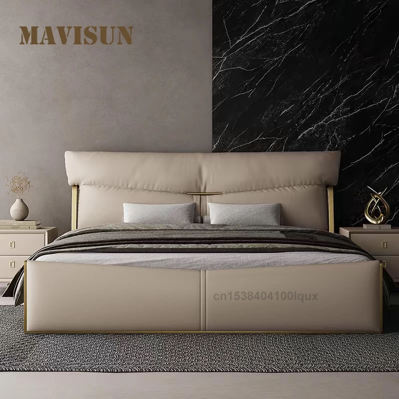 

Light Luxury Soft Leather Upholstered Platform Headboard Bed Durable Solid Wood Bed Frame 2 People King Size Large Double Bed