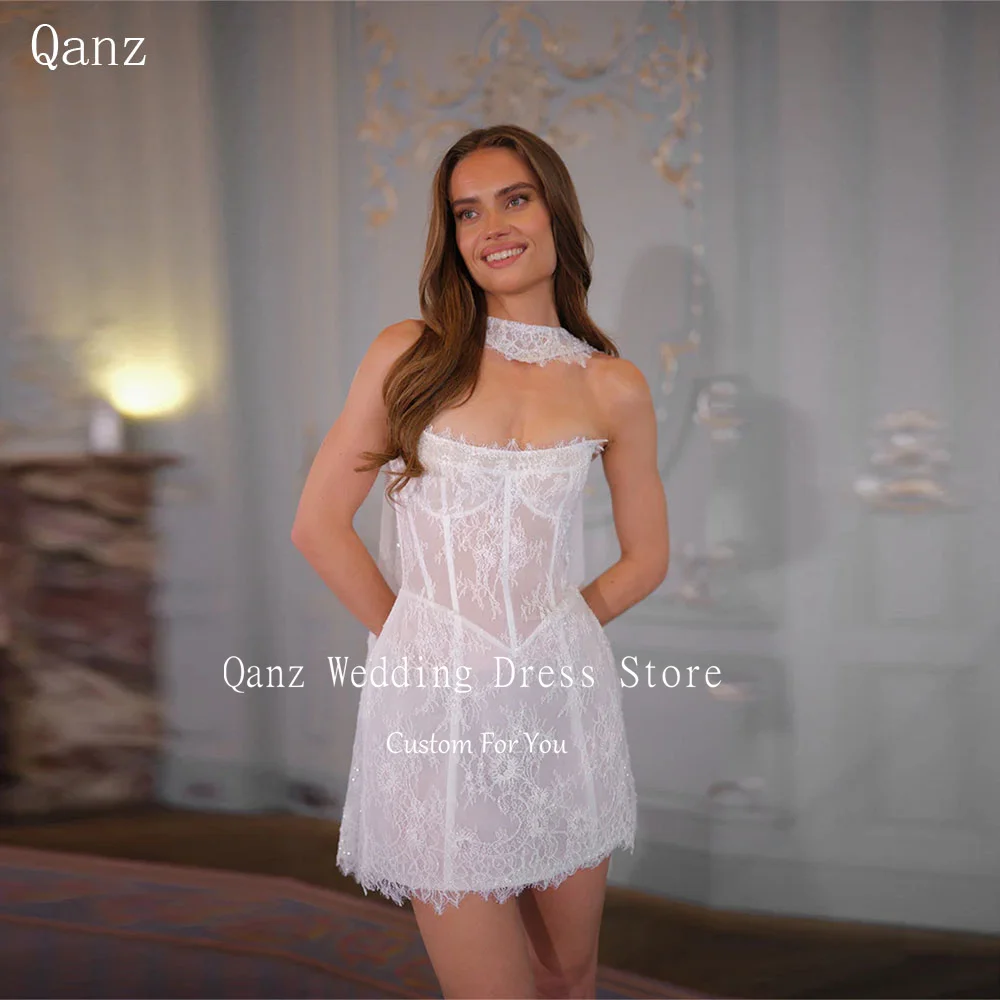 

Qanz Bohemia Sweetheart Wedding Party Dress Illusion Mini A Line Lace Appliques Vestido De Novia Civil Bridal Gowns Customized