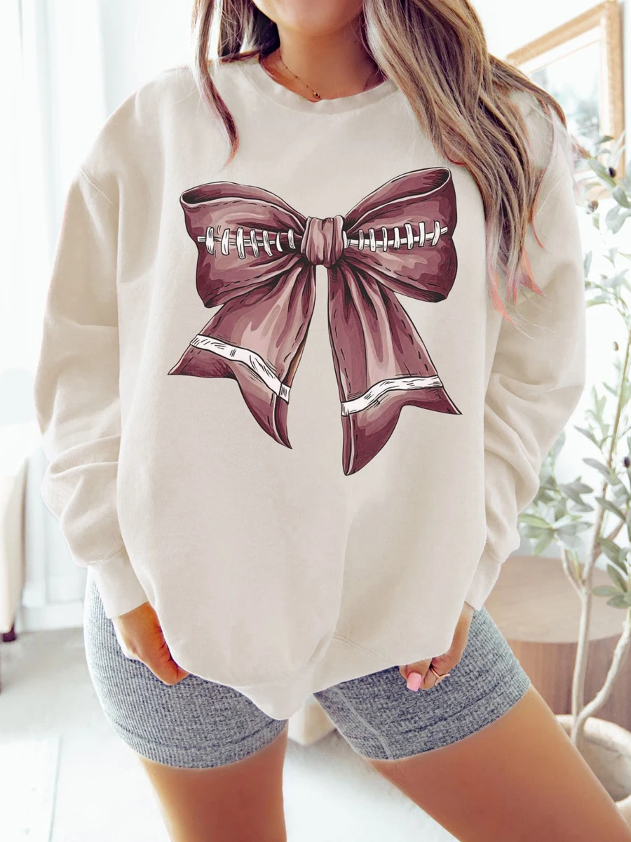 Women s Loose Sweatshirts Bowknot Print Round Neck Long Sleeve Pullovers Fall Winter Casual Tops