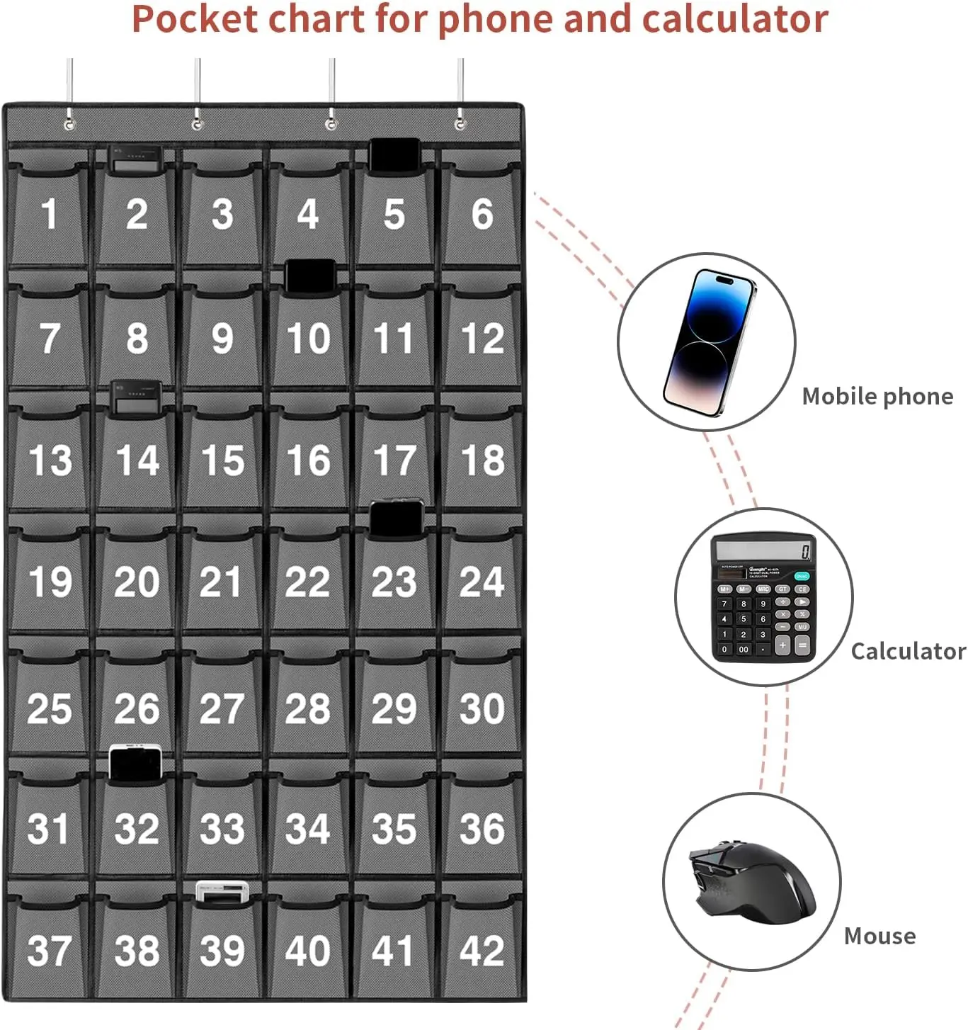 42 Pockets Numbered Classroom Pocket Chart for Cell Phones Hanging Pocket Chart Storage for Classroom Phone Calculator Holder