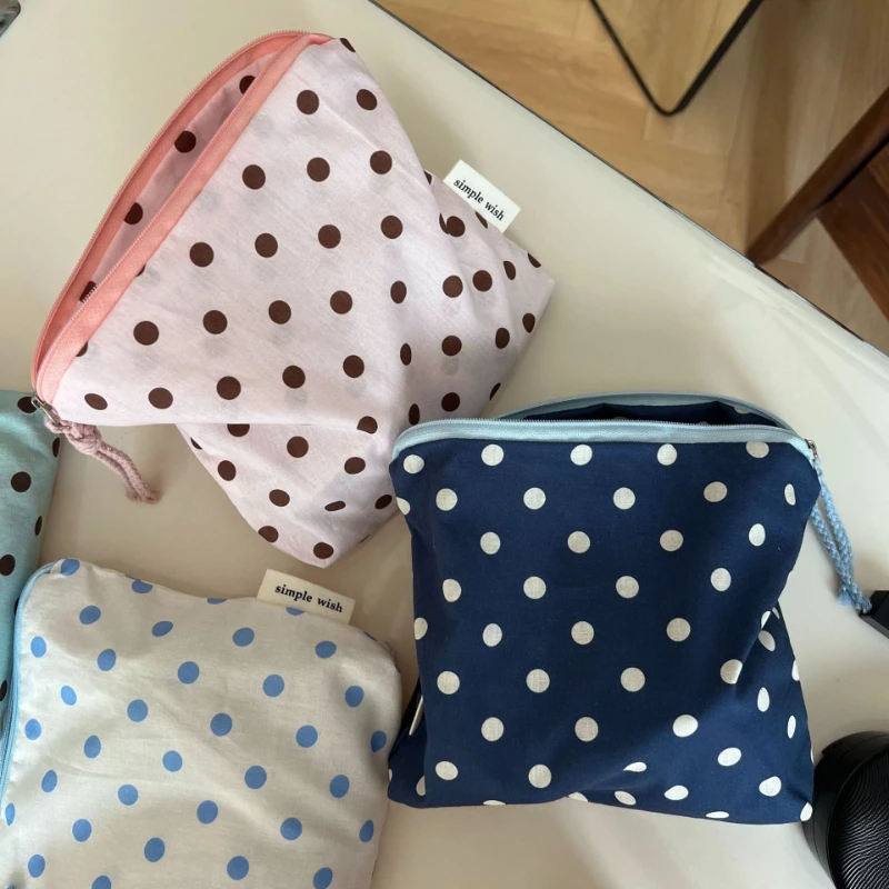 Korean Fashion Cotton Makeup Bag Women Girls Simple Dot Print Portable Zipper Toiletry Cosmetic Organizer Storage Bag Pouch