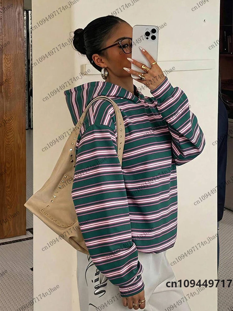 2026 Neue Vintage-Streifendruck-Hoodies für Damen, Herbst-Winter-Langarm-Sweatshirt, lässiger Street-Pullover, Oversized-Unisex-Oberteil – Detail 6