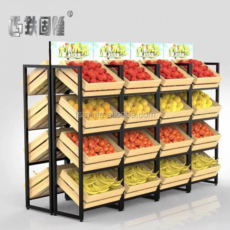 [Customized]New-Style Heavy-Duty Adjustable Metal Wood Vegetable and Fruit Display Shelf Double-Sided Rack Supermarkets OEM