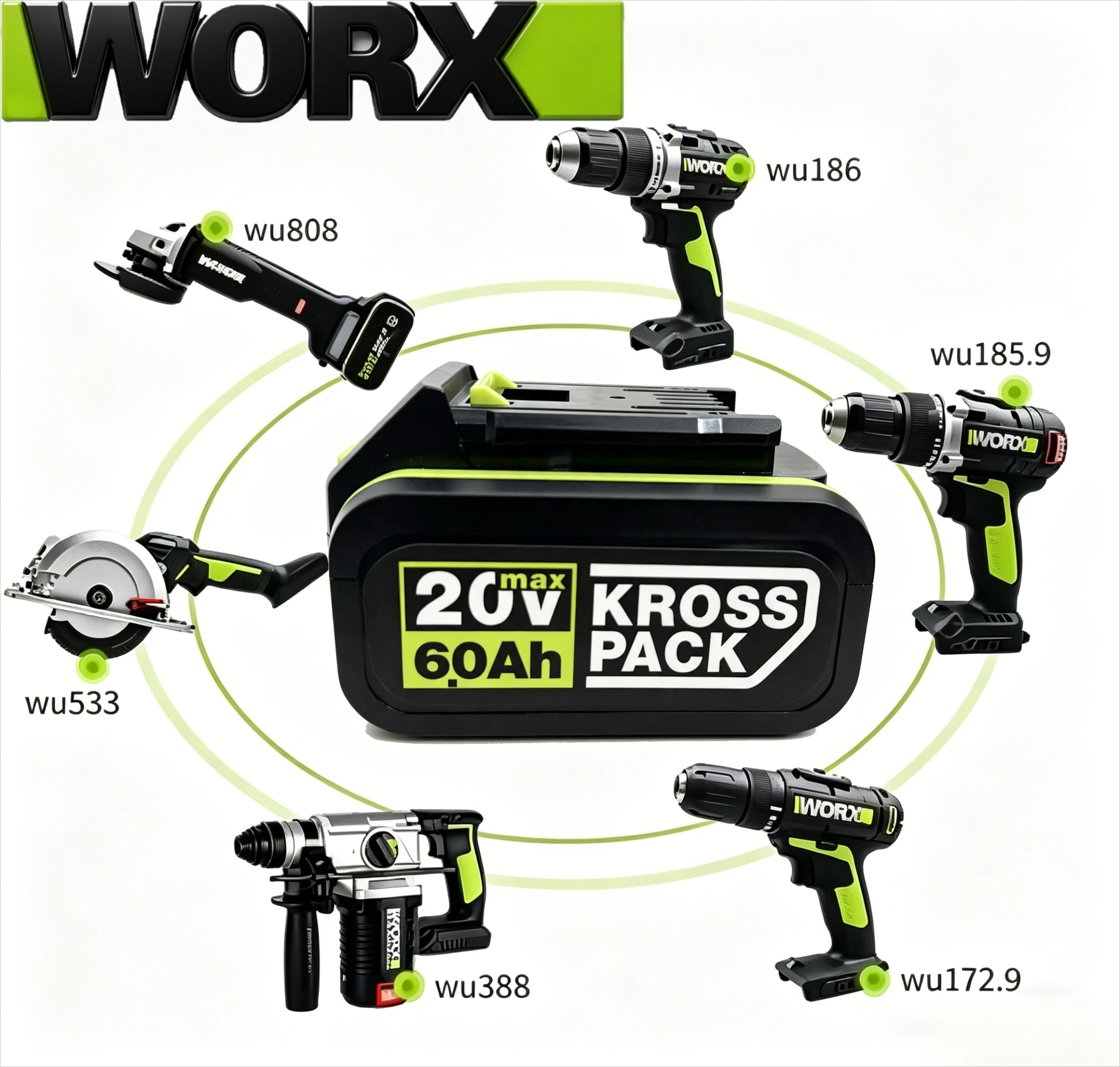 WORX 20V Max 5Pin 4.0/5.0AH Green Li-ion Battery Charger Wide Compatibility for ROCKWELL Cordless Hedge Trimmer Leaf Blower Tool