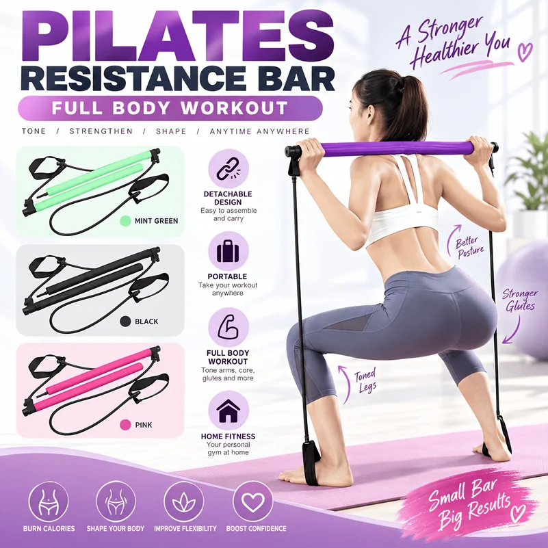 Pilates Stick - Adjustable Fitness Bar for Home Workout, Yoga, Stretching & Toning - Portable Exercise Rod with Elastic Bands