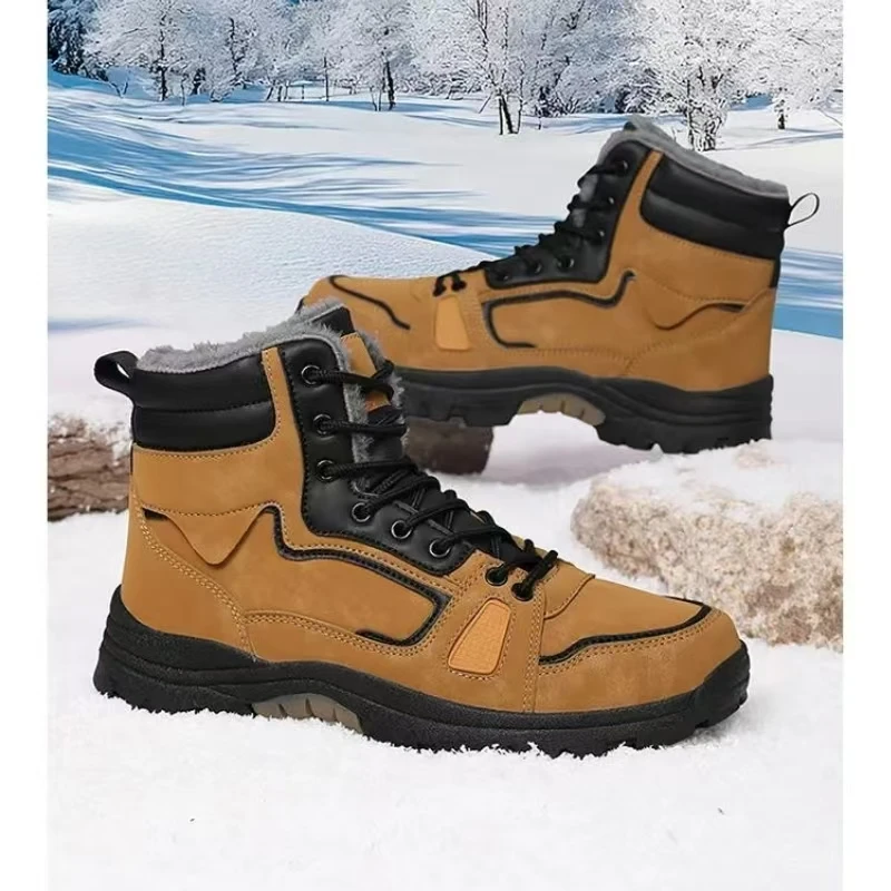 Botas de nieve altas de cuero para hombre, suela gruesa, antideslizantes, impermeables, de felpa gruesa, cálidas, de algodón, para invierno, 2024