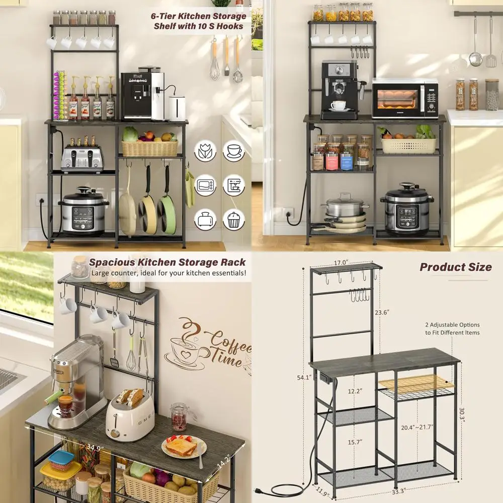 

Gray 6-Tier Coffee Bar, Microwave Stand with 10 Hooks, and Spice Rack with Power Outlet