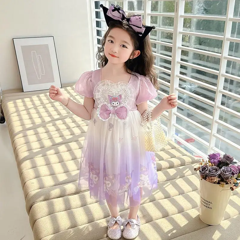 

Платье принцессы Sanrio с героями мультфильмов Kuromi, детская футболка в стиле каваи, сетчатая юбка, дышащая мягкая модная трендовая одежда, подарок для девочек, новинка