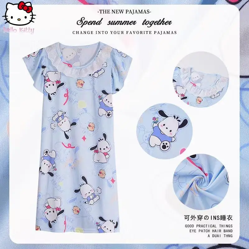 

Новая летняя детская пижама с коротким рукавом в стиле аниме, с кружевом, принтом Hello Kitty и Kuromi, модная милая ночная рубашка для девочек