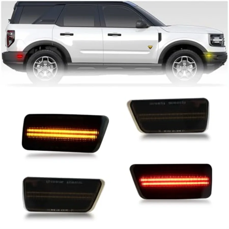 

Комплект затемненных светодиодных боковых габаритных фонарей для Ford Bronco Sport 2021-2024: передние янтарные и задние (красные) указатели поворота, прямая замена