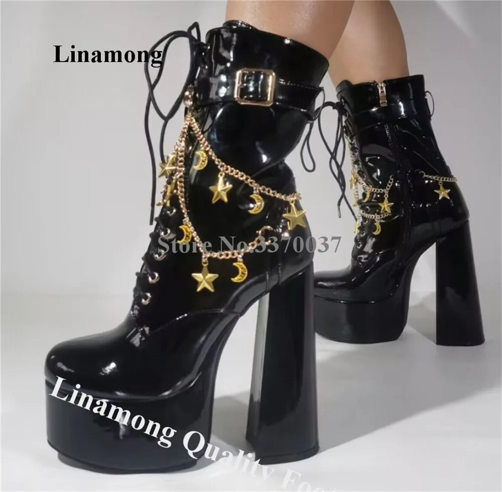 

Linamong Gold Chains Decorated Chunky Heel Short Boots Round Toe Black Patent Leather Ankle Straps Buckles Block Heel Ankle Boot