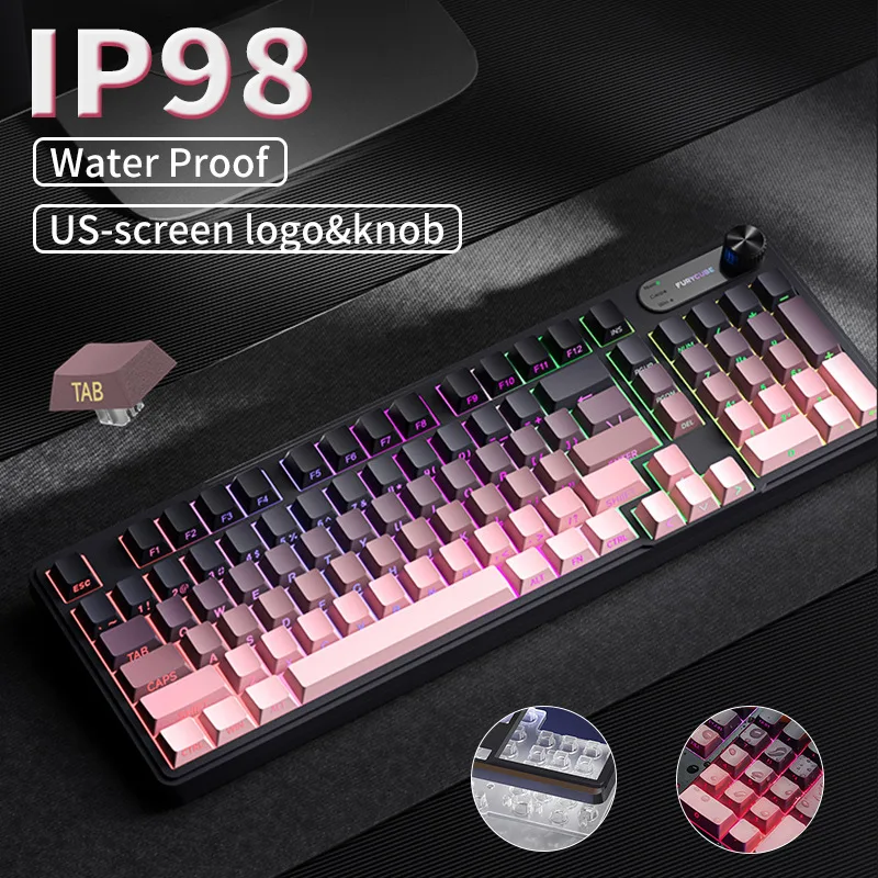 

RGB Backlight Mechanical Keyboard IP98 Waterproof Mute Wired Gaming Keyboard 2.4G+Bluetooth+Wired 3mode Connection Rechargeable