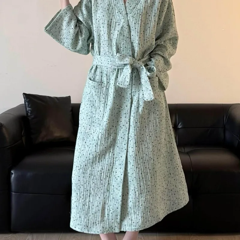 Retro-Sweet Style Polka-Dot Green Lace-Up Women's Spring/Summer New Arrival Loose-Fitting Loungewear Bathrobe Maxi Dress