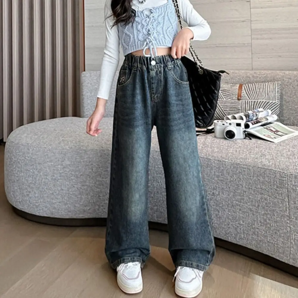 

Ins Bowknot Kids Jeans Loose High Waist Children Y2K Jeans Straight Cowboy Pants Little Girls Denim Trousers Girls Gift
