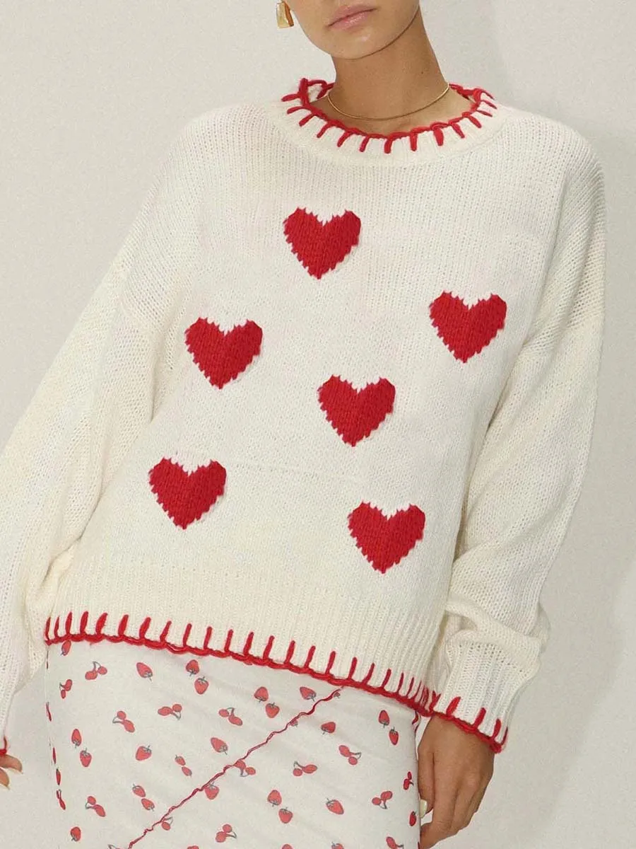 Women s Long Sleeve Fall Sweater Heart Contrast Color Trim Drop Shoulder Round Neck Knitted Tops