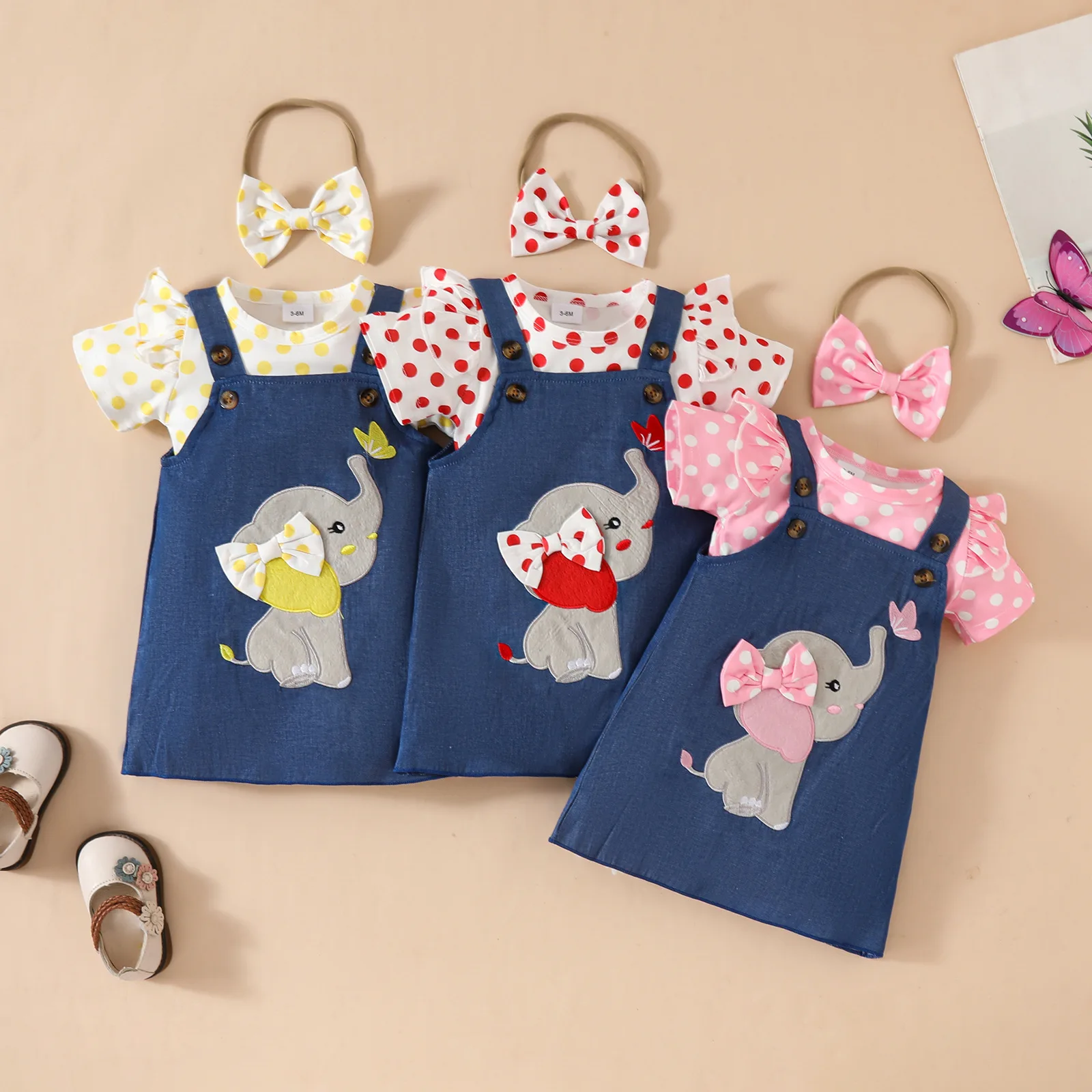 

0 To 18 Months Baby Elephant Set for Girls Summer Polka Dot Romper+Bow Denim Elephant Dress Sets Toddler Girl Clothes Outfit