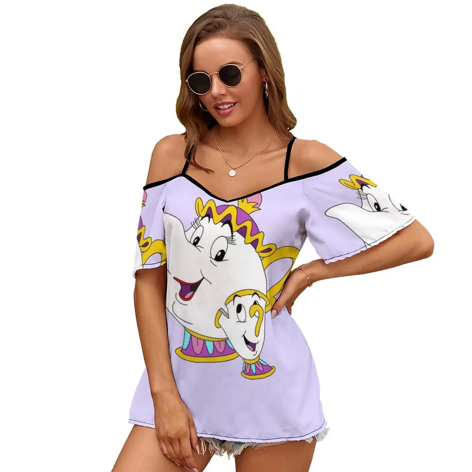 Mrs Potts And Chip t-shirt da donna Summer Fashion Print Floral con scollo a v Zipper Tshirt Hollow Pullover Ladies Top Mrs Potts Chip