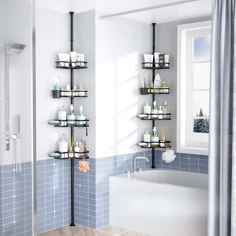 

Shower Caddy Tension Pole: 4tier adjustable Rustproof Bathroom Organizer Shelves - Bathtub shampoo rack 43.5-120 inch